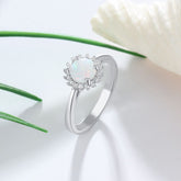 Round Opal Zircon Flower Halo Sterling Silver Ring